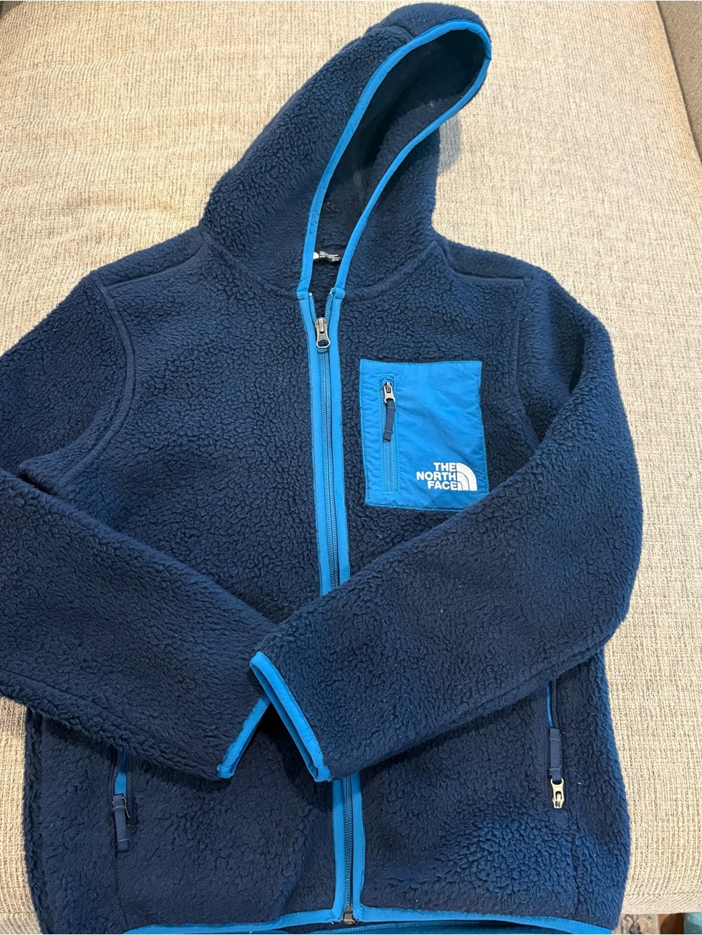 The North Face Kids Navy Blue Fleece Hoodie with Bright Blue Trim M 10/12